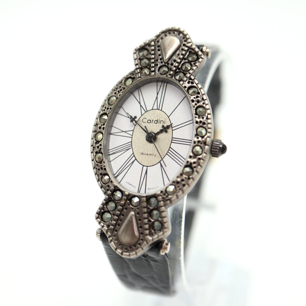 Cardini Marcasite Watch Women 24mm Silver Tone Roman Black Leather w New Battery